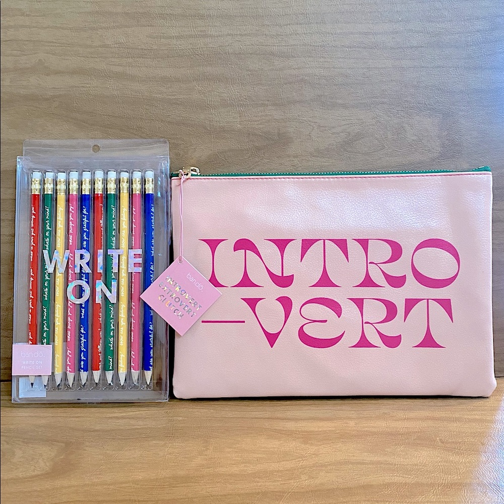 NWT Bando Introvert Extrovert Clutch and Bando Write On Pencil Set